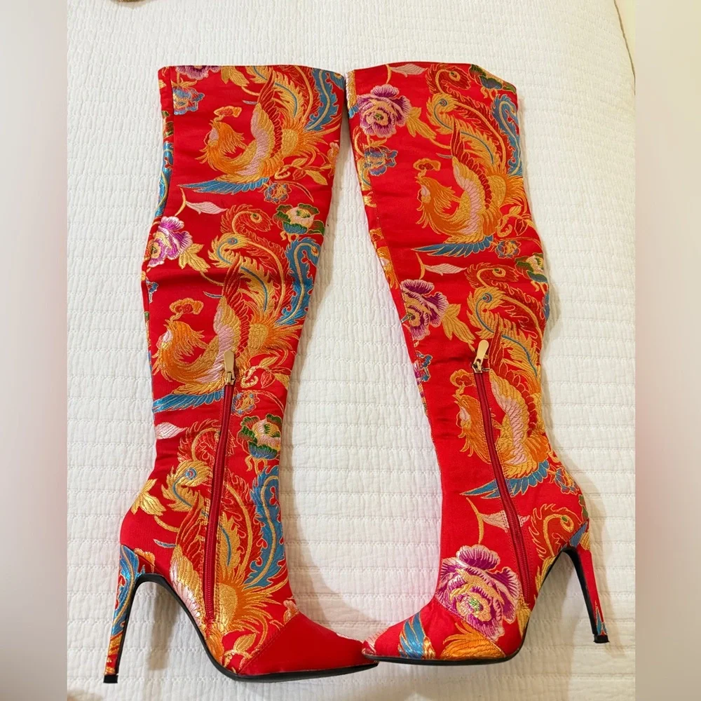 Cape Robbin Vibrant Red Floral Over-the-Knee Boots